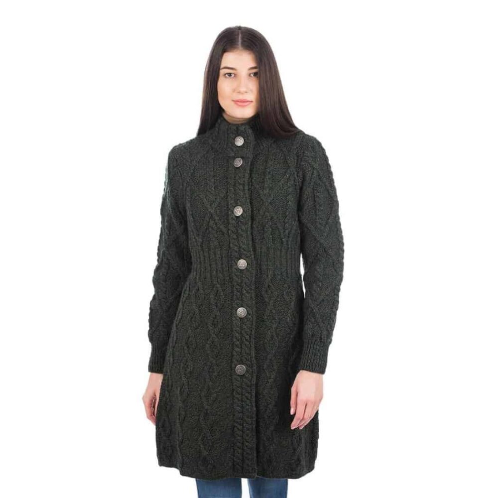 Ladies Aran Cable Coat - Army Green
