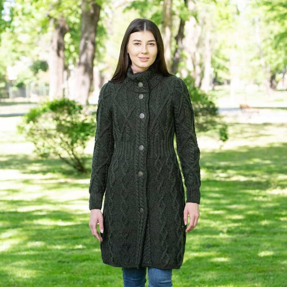 Ladies Aran Cable Coat - Army Green