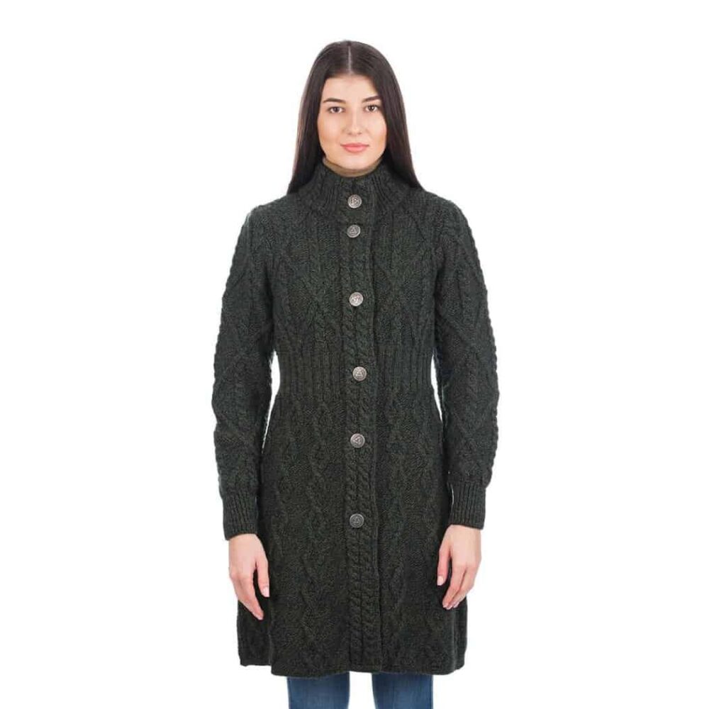 Ladies Aran Cable Coat - Army Green