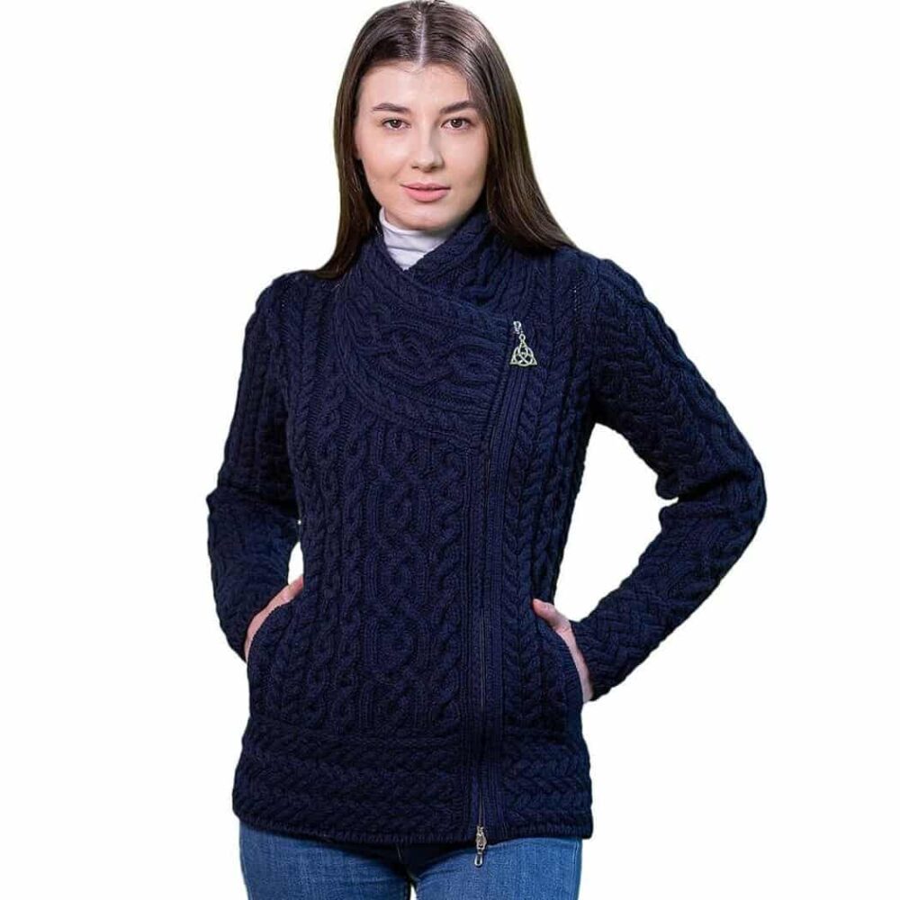 Ladies Irish Cable Knit Side Zip Cardigan - Navy