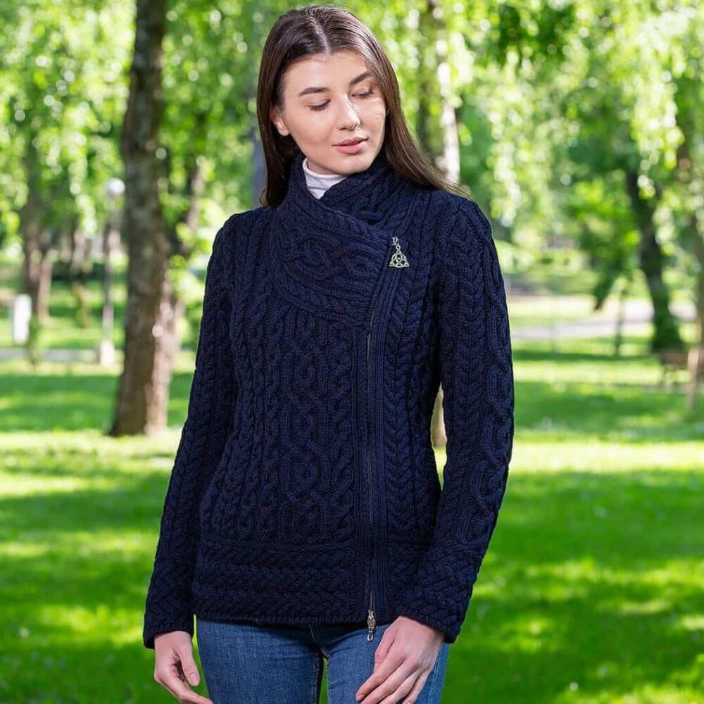 Ladies Irish Cable Knit Side Zip Cardigan - Navy