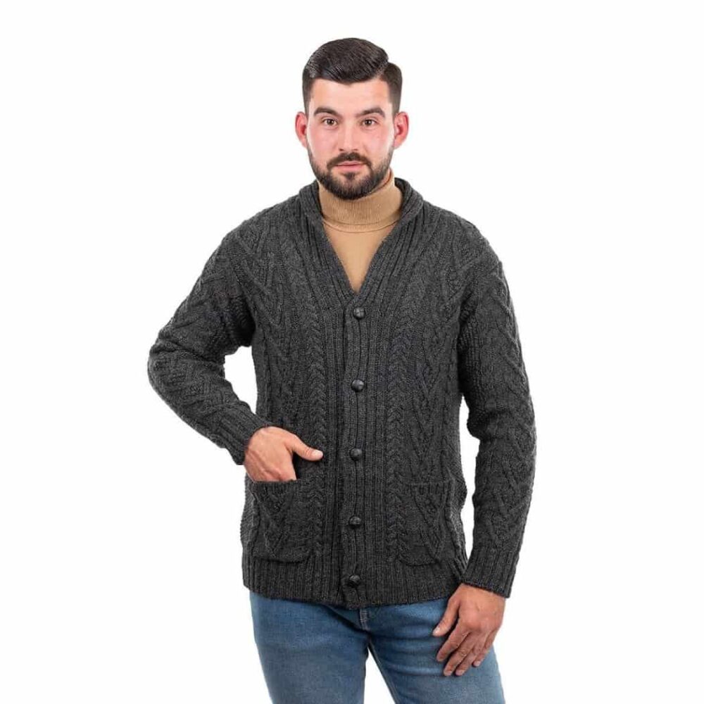 Men's Irish Cable Shawl-Collar Cardigan - Charcoal Gray