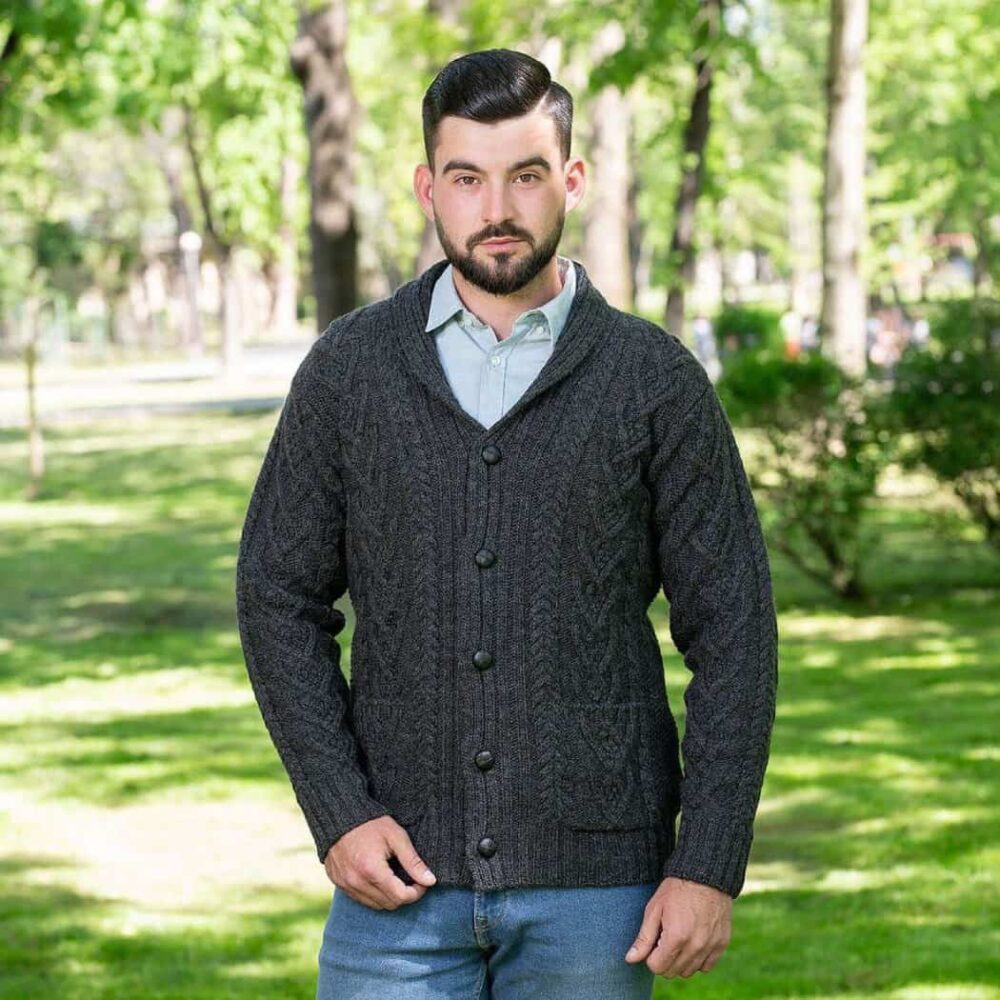 Men's Irish Cable Shawl-Collar Cardigan - Charcoal Gray