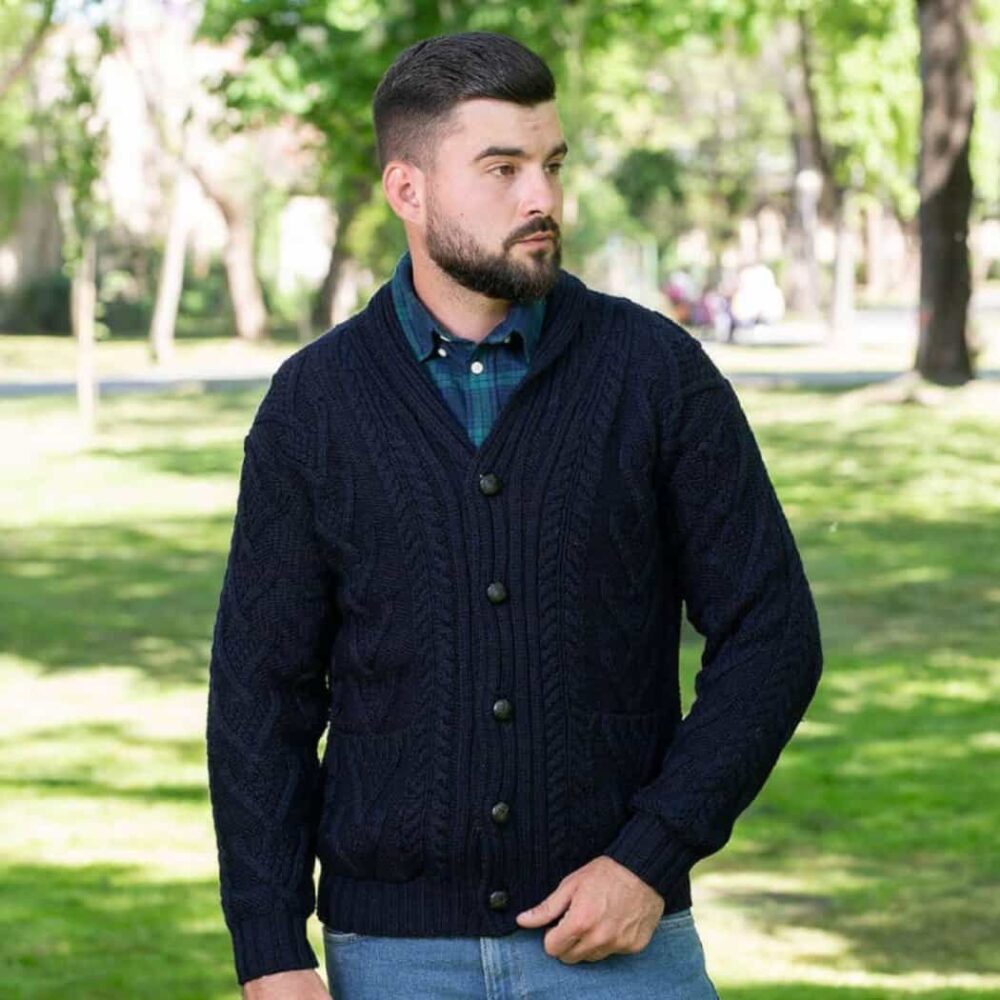 Men's Irish Cable Shawl-Collar Cardigan - Navy