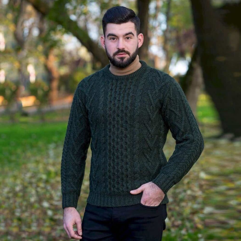 Men's Merino Wool Aran Sweater - Army Green