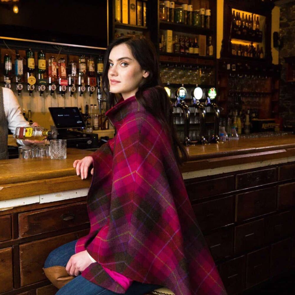 Ladies Half Zip Tweed Poncho - Red Plaid