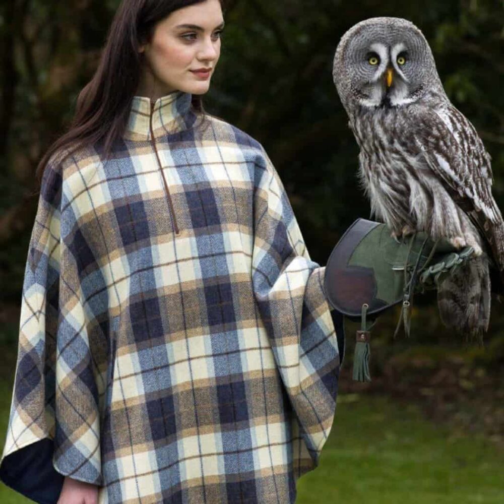 Ladies Half Zip Tweed Poncho - Blue Plaid