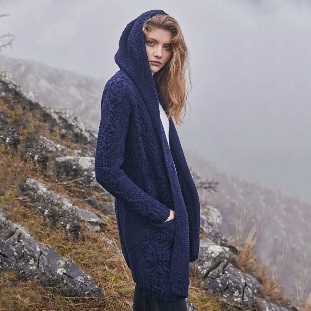 Ladies Long Celtic Cardigan with Hood - Navy