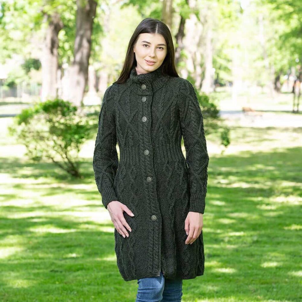 Ladies Aran Cable Coat - Army Green