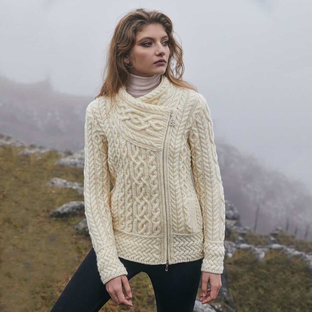 Ladies Irish Cable Knit Side Zip Cardigan - Natural