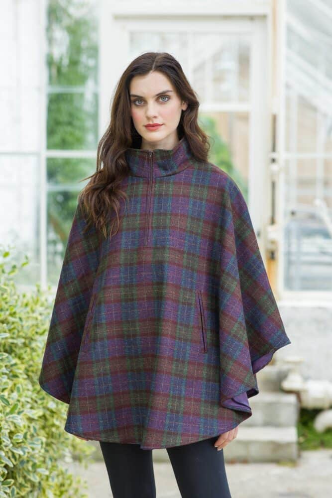 Ladies Irish Wool Half Zip Poncho - Vintage Plaid