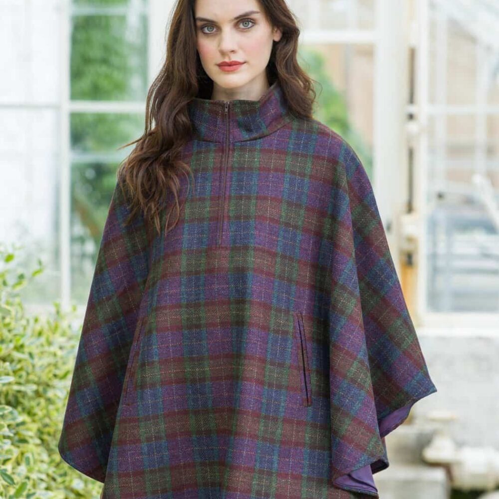 Ladies Irish Wool Half Zip Poncho - Vintage Plaid