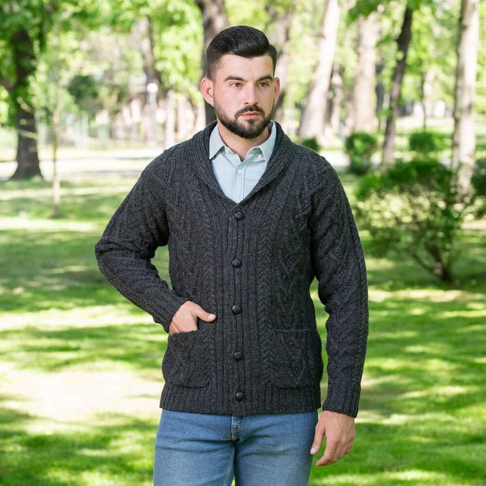 Men's Irish Cable Shawl-Collar Cardigan - Charcoal Gray