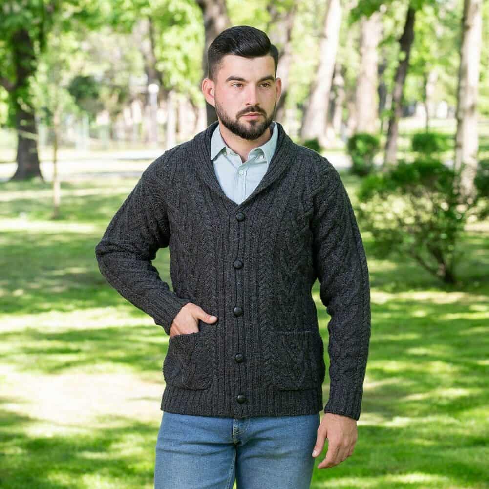 Men's Irish Cable ShawlCollar Cardigan Charcoal Gray Celtic