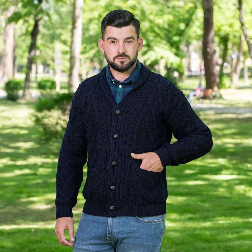 Men's Irish Cable Shawl-Collar Cardigan - Navy