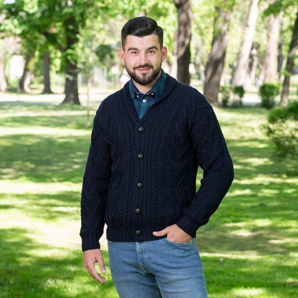 Men's Irish Cable Shawl-Collar Cardigan - Navy