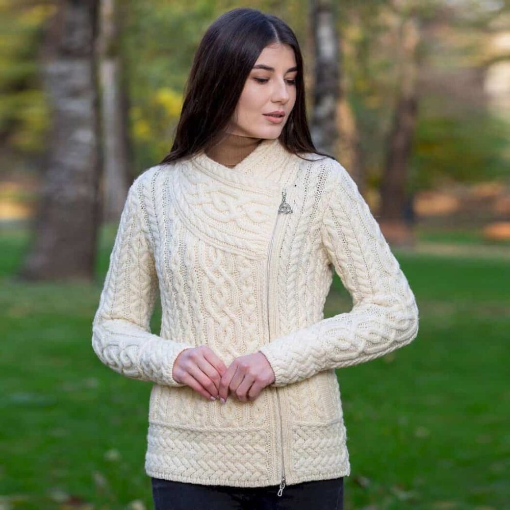 Ladies Irish Cable Knit Side Zip Cardigan - Natural