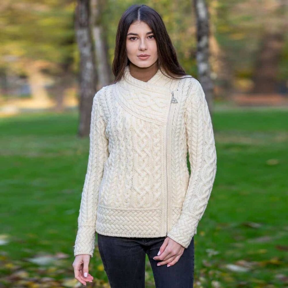 Ladies Irish Cable Knit Side Zip Cardigan - Natural