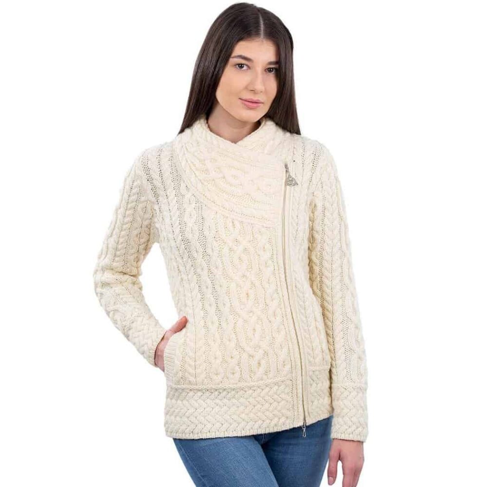 Ladies Irish Cable Knit Side Zip Cardigan - Natural