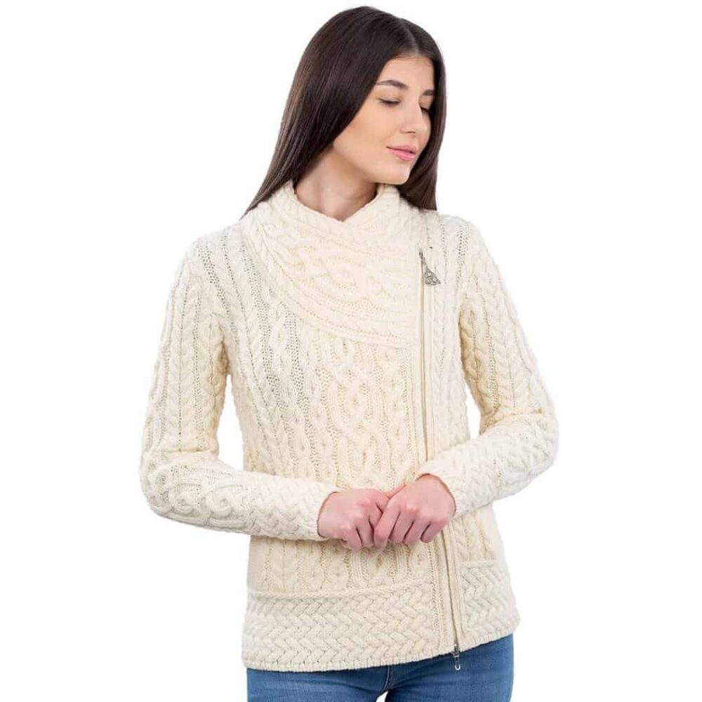Ladies Irish Cable Knit Side Zip Cardigan - Natural