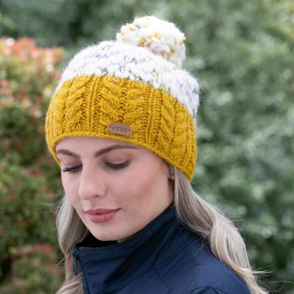 Irish Cable Knit Bobble Hat - Yellow