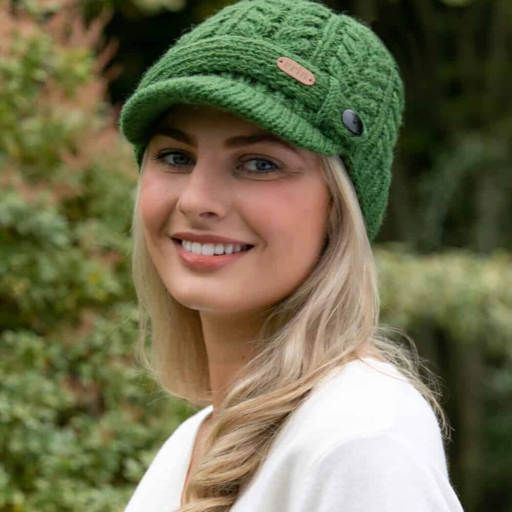 Aran Cable Knit Wool Peak Cap - Green