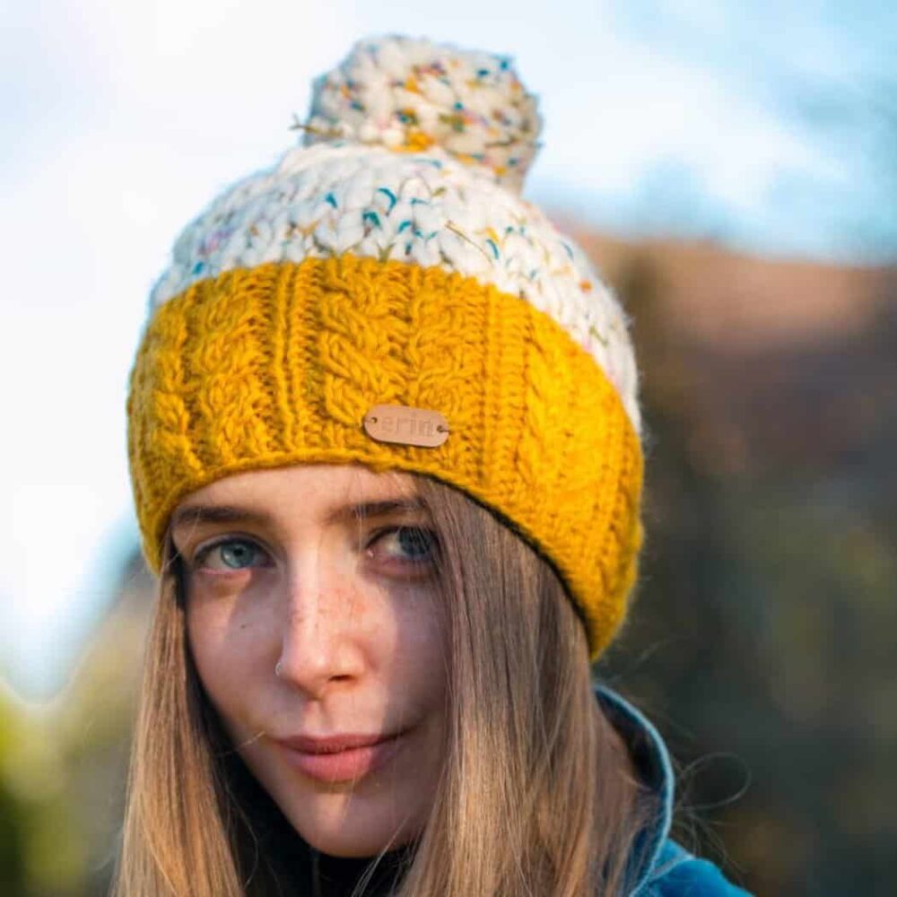 Irish Cable Knit Bobble Hat - Yellow