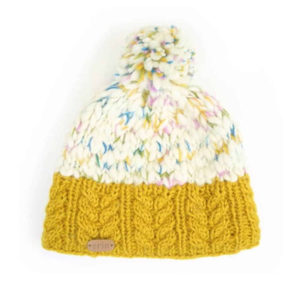 Irish Cable Knit Bobble Hat - Yellow