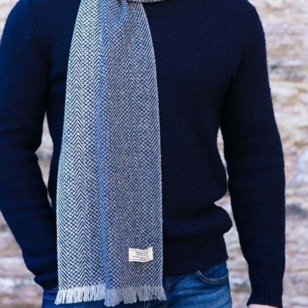 Soft Donegal Men's Tweed Scarf - Gray and Blue Herringbone