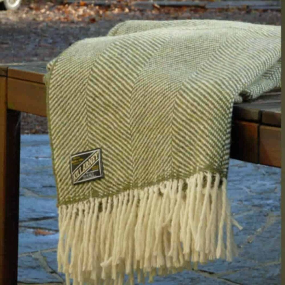 Classic Irish Wool Herringbone Throw - Green