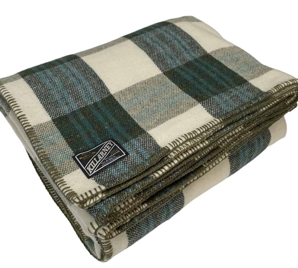 Irish Lambswool Block Check Throw - Green