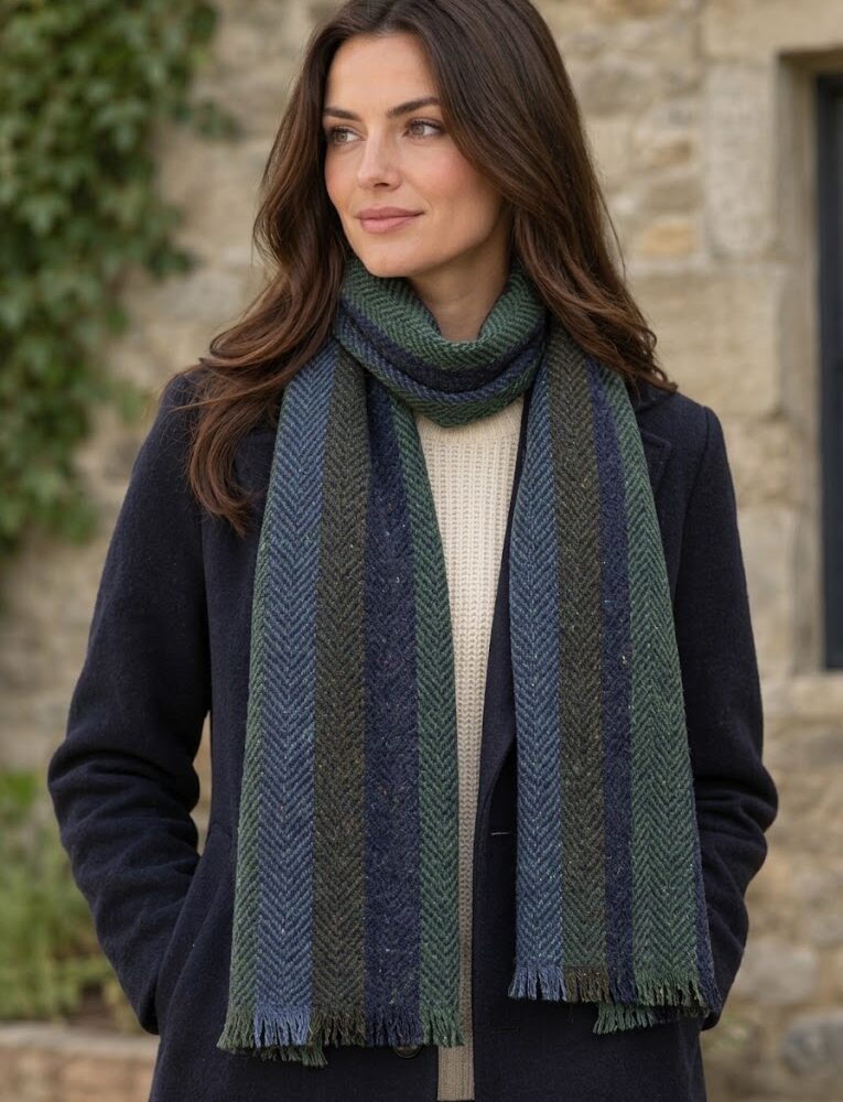 Women's Soft Donegal Tweed Scarf - Blue and Green Herringbone