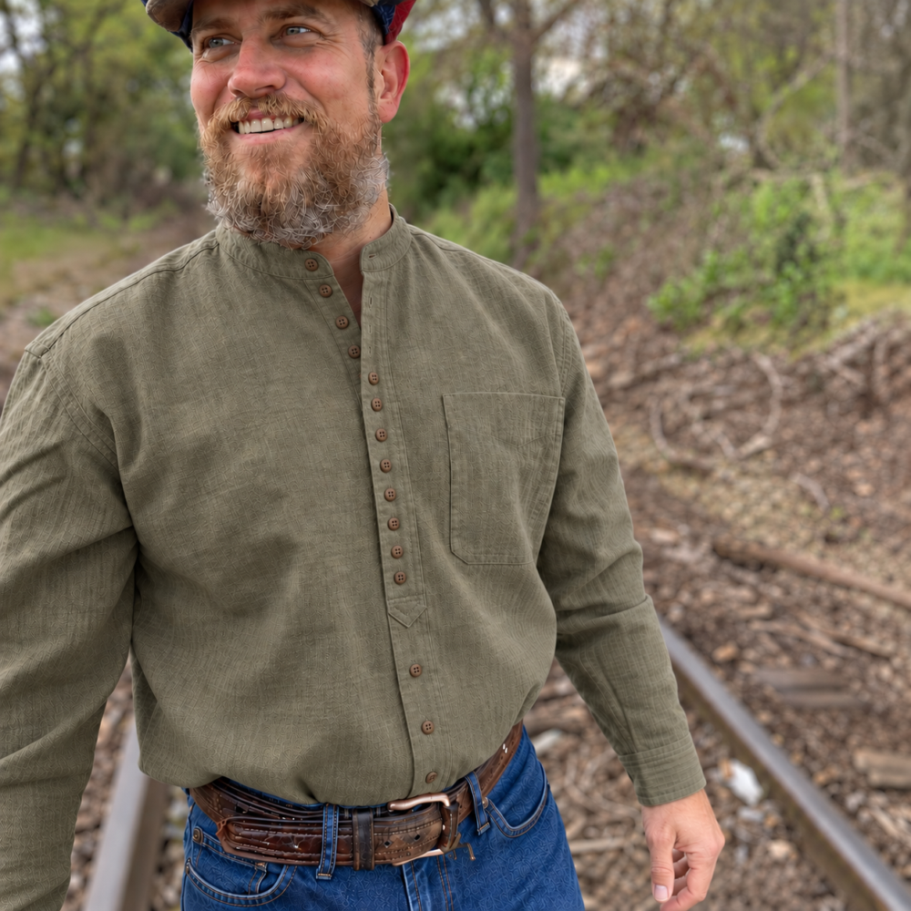Collarless Irish Grandfather Shirt - Olive Green