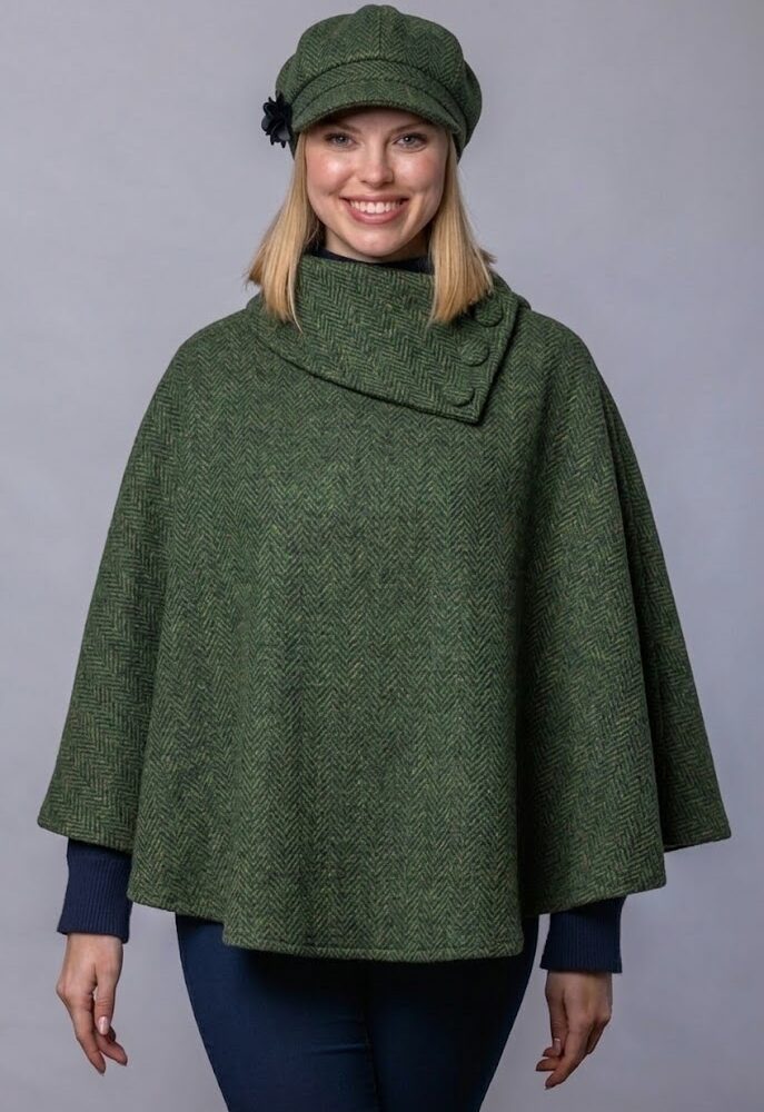 Ladies Three Button Poncho | Newsboy Combo - Green Herringbone