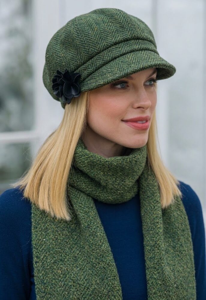 Ladies Three Button Poncho | Newsboy Combo - Green Herringbone
