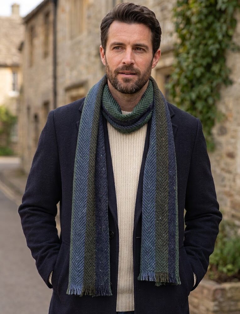 Men's Soft Donegal Tweed Scarf - Blue and Green Herringbone
