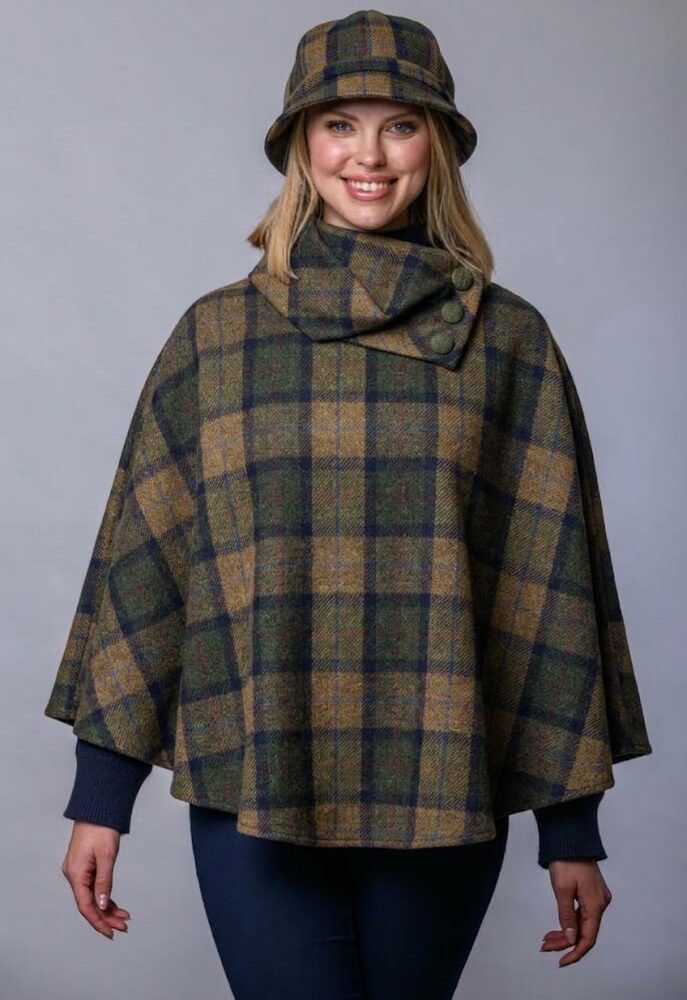 Ladies Three Button Poncho | Flapper Combo - Brown, Green & Blue Plaid