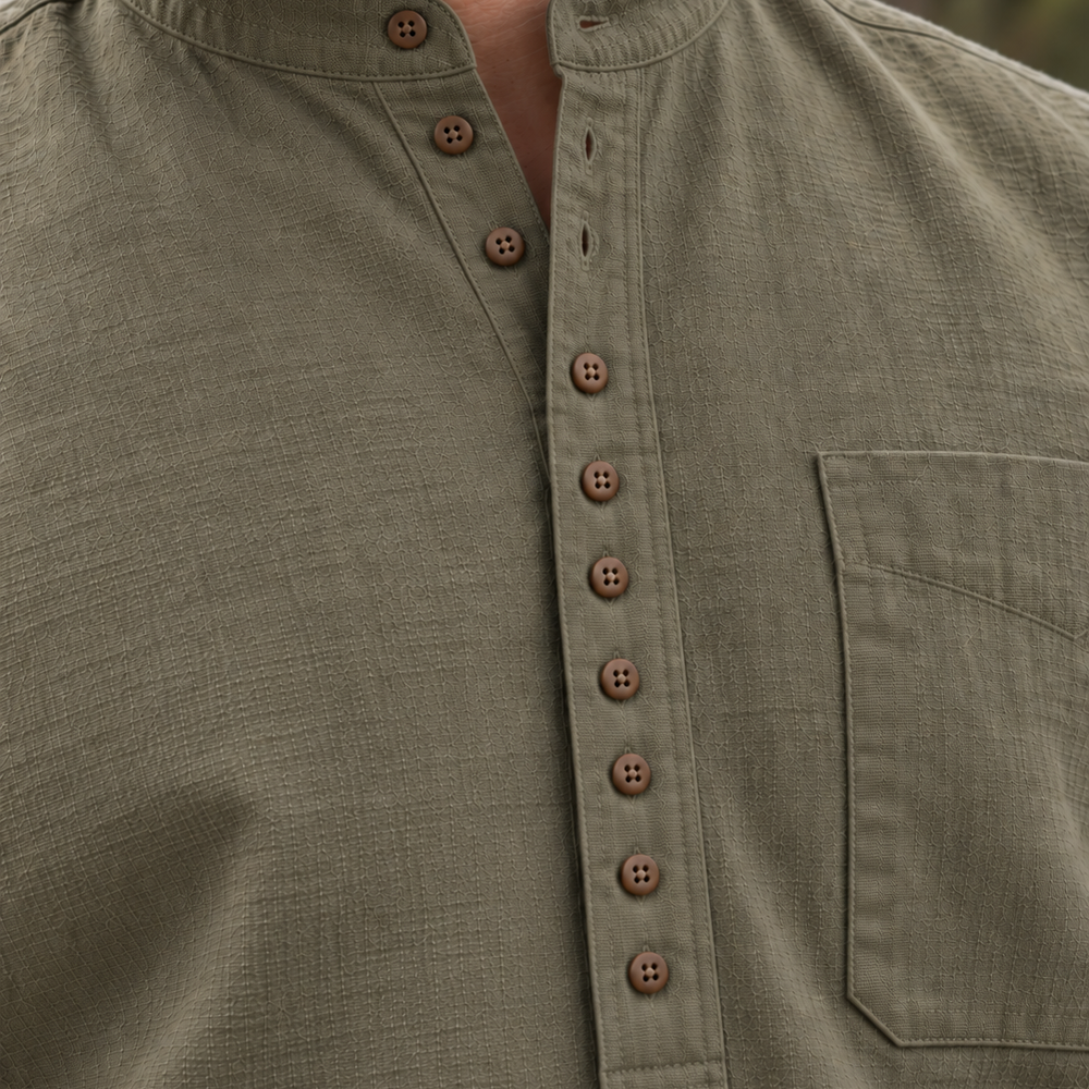 Collarless Irish Grandfather Shirt - Olive Green