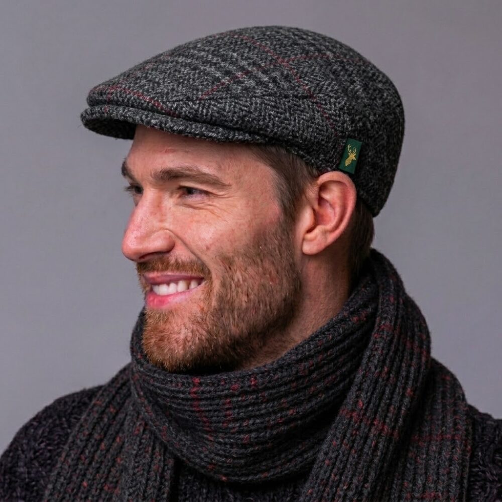 Irish Tweed Flat Cap - Charcoal with Thin Red Line