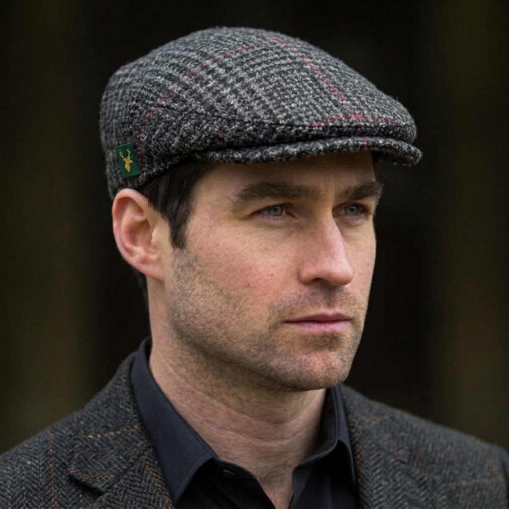 Irish Tweed Flat Cap - Charcoal with Thin Red Line