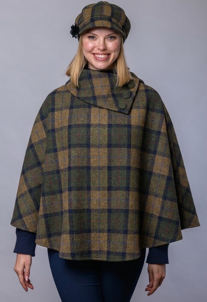 Irish Tweed Newsboy Hat For Women – Brown, Green & Blue Plaid