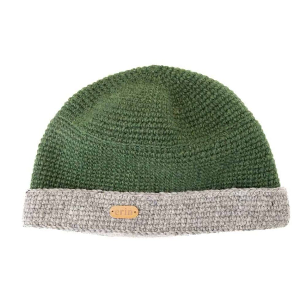 Crochet Turn-Up Beanie Cap - Green and Oatmeal