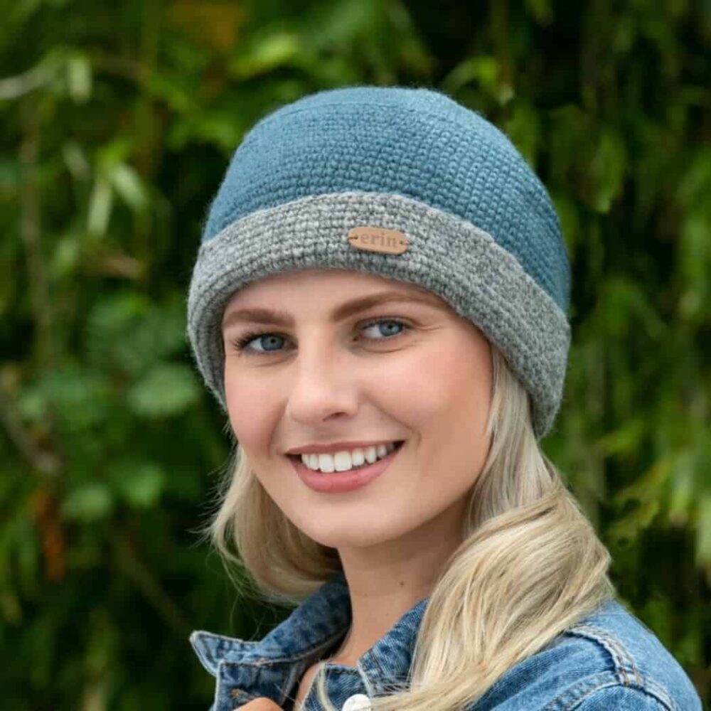 Crochet Turn-Up Beanie Cap - Denim Blue
