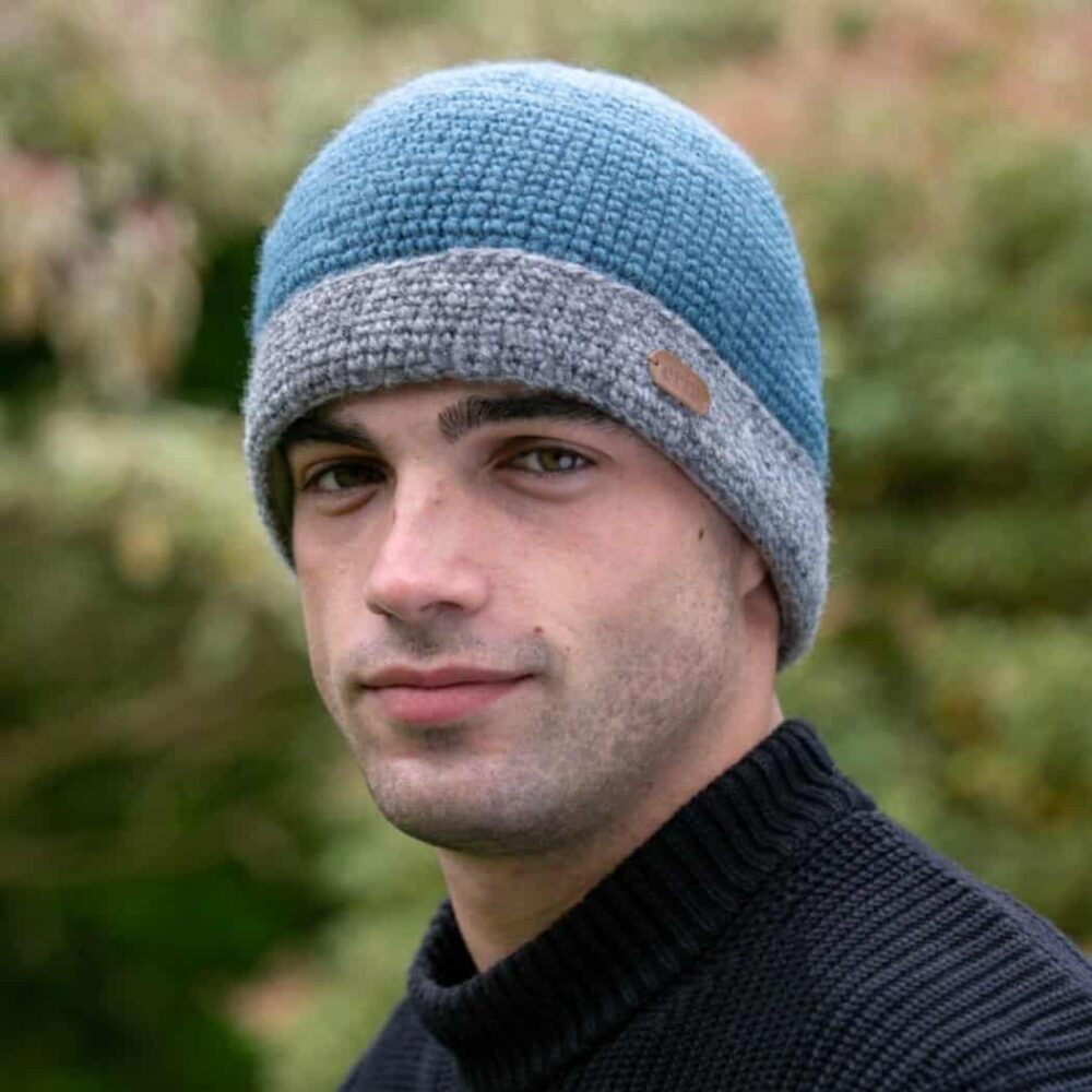 Crochet Turn-Up Beanie Cap - Denim Blue