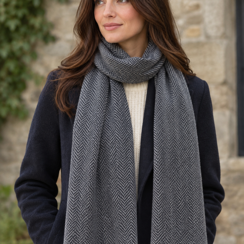 Women's Soft Donegal Tweed Scarf - Gray and Navy Herringbone