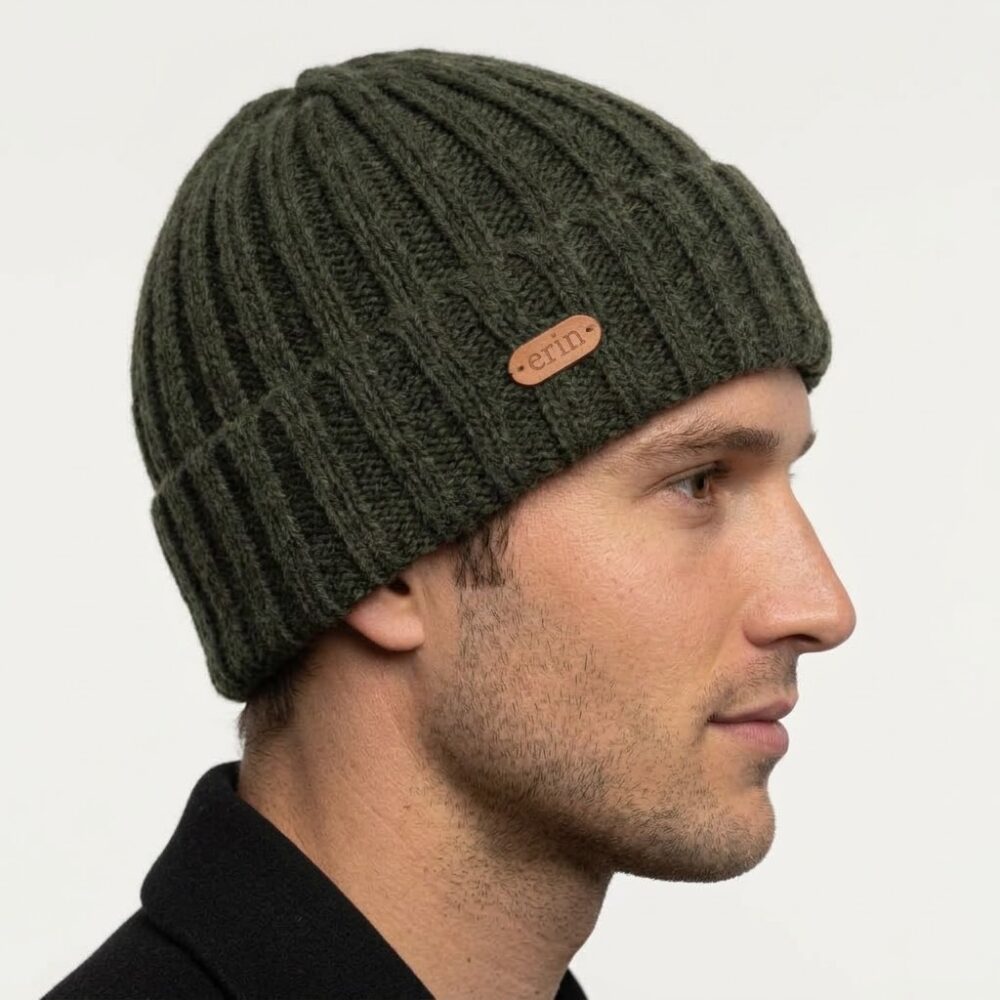 Men's Wool Turn-Up Beanie Cap - Dark Green