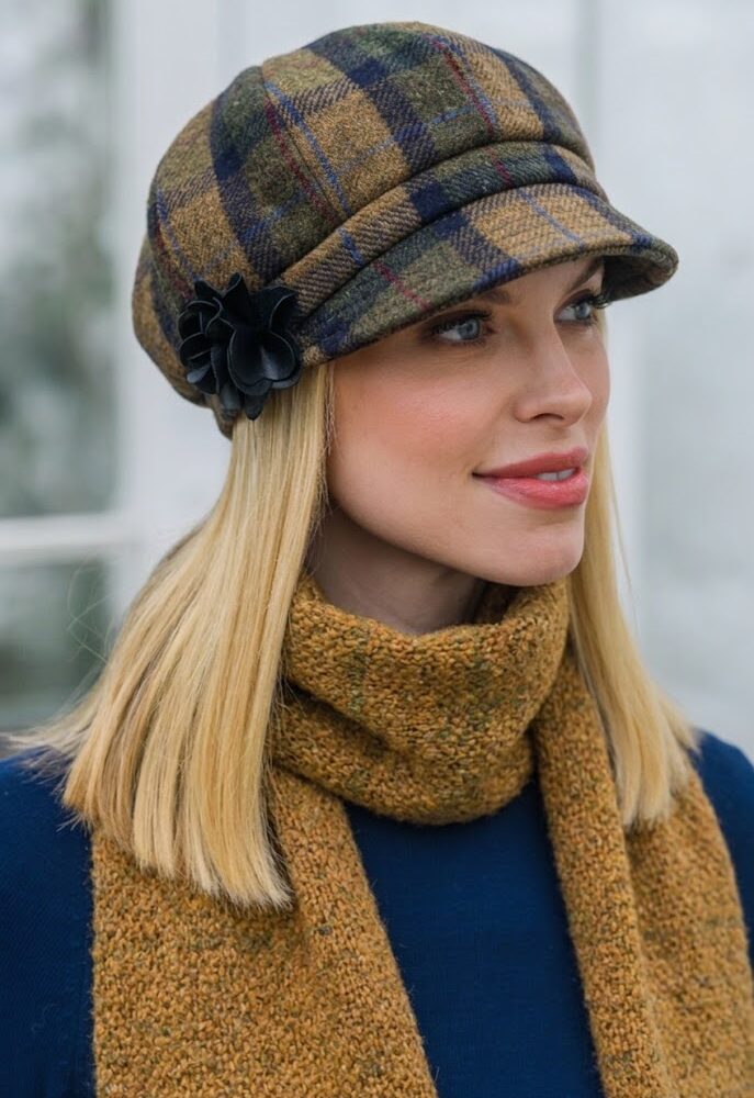 Irish Tweed Newsboy Hat For Women – Brown, Green & Blue Plaid