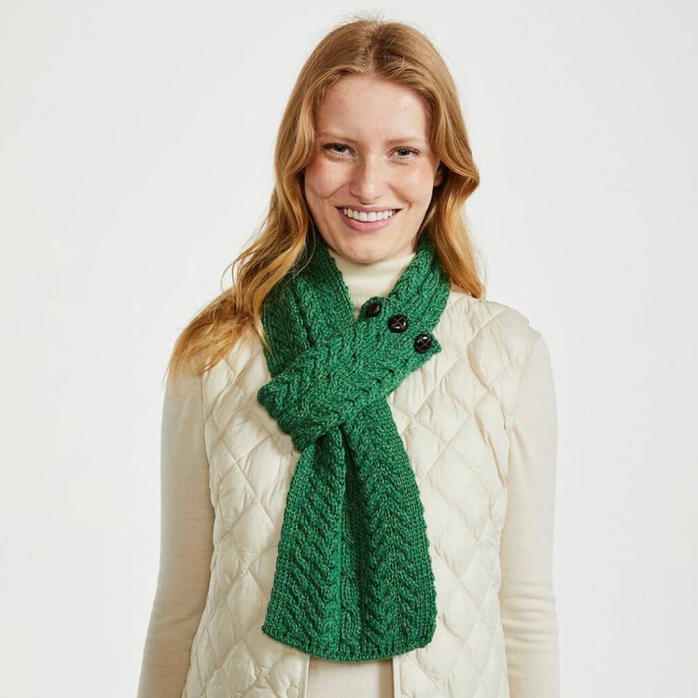 Three Button Merino Wool Scarf For Women - Green