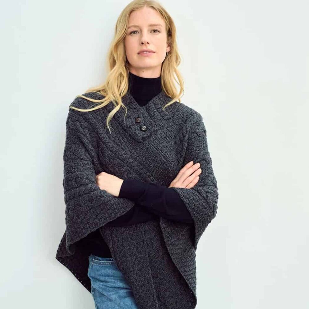 Ladies Cable Knit Poncho With Buttons - Charcoal
