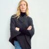 Ladies Cable Knit Poncho With Buttons - Charcoal - Image 2